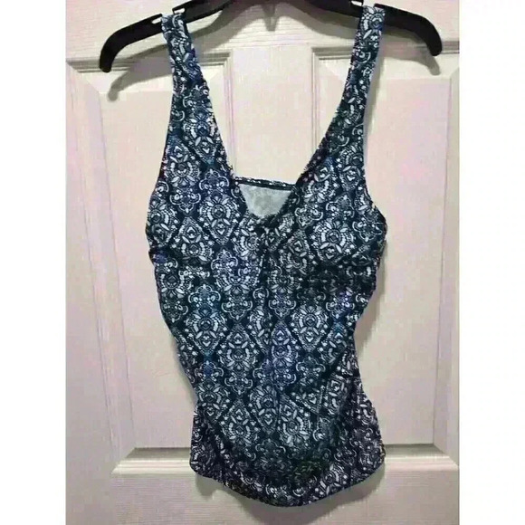 Kona Sol Swimwear Tankini Top‎ Paisley Geometric Printed Blue White Size Medium - Picture 2 of 10
